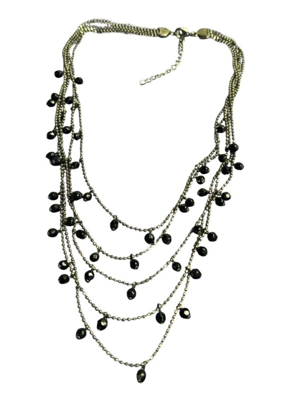Vintage Y2K Silvertone Ball Chain Necklace Multi Strand Black Glass Bead Fringe
